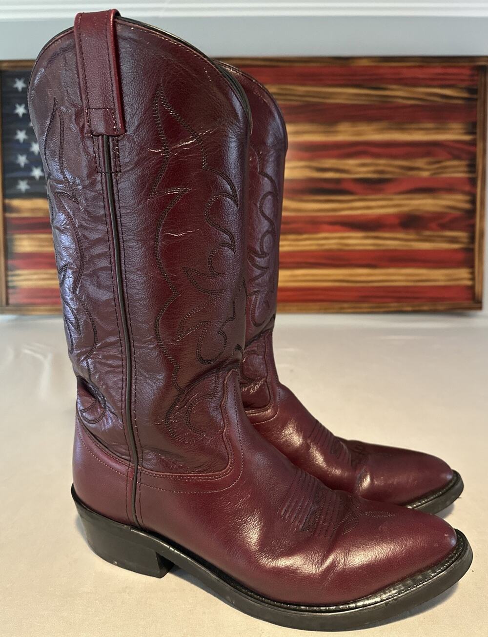 Old West Mens Black Cherry Leather Boots Western Cowboy TBM3013 Size 9.5 D